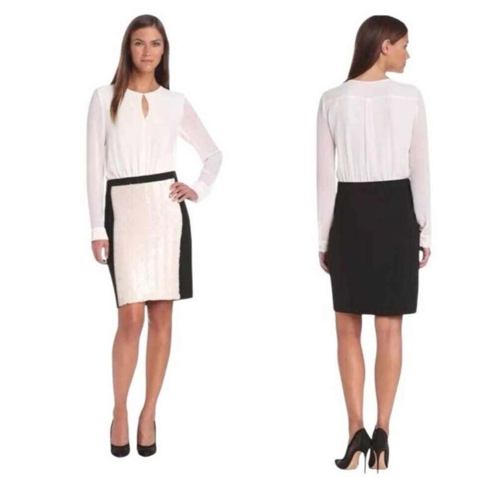 DKNYC Long Sleeve Dress Ponte Skirt Herringbone Sequin Front Size 4 Ivory Blk